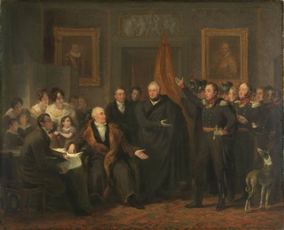 Triumvirat übernimmt die Macht im Namen des Prinzen von Oranien, 21. November 1813, um 1828 von Jan Willem Pieneman